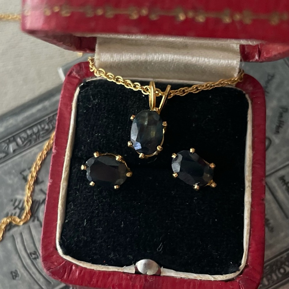 Vintage Blue Sapphire Necklace & Earrings Set